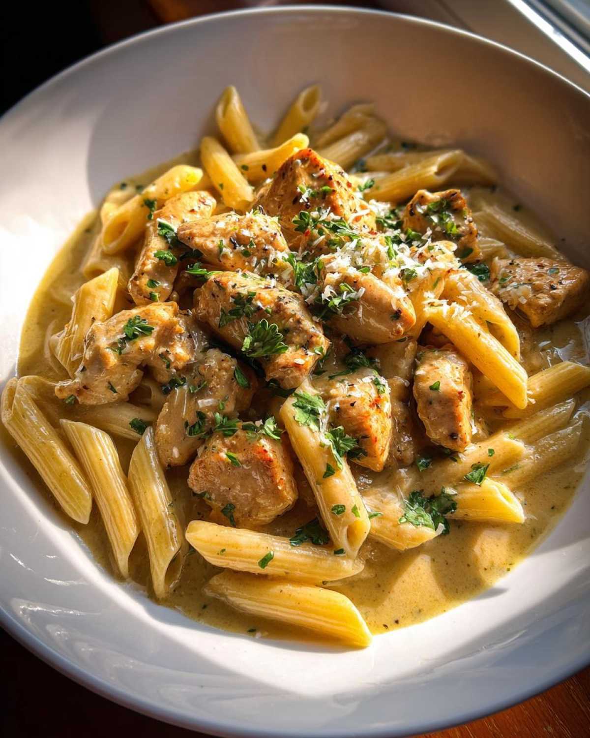 A close-up of a white bowl filled with creamy cajun ranch chicken pasta, garnished with parsley and cheese.