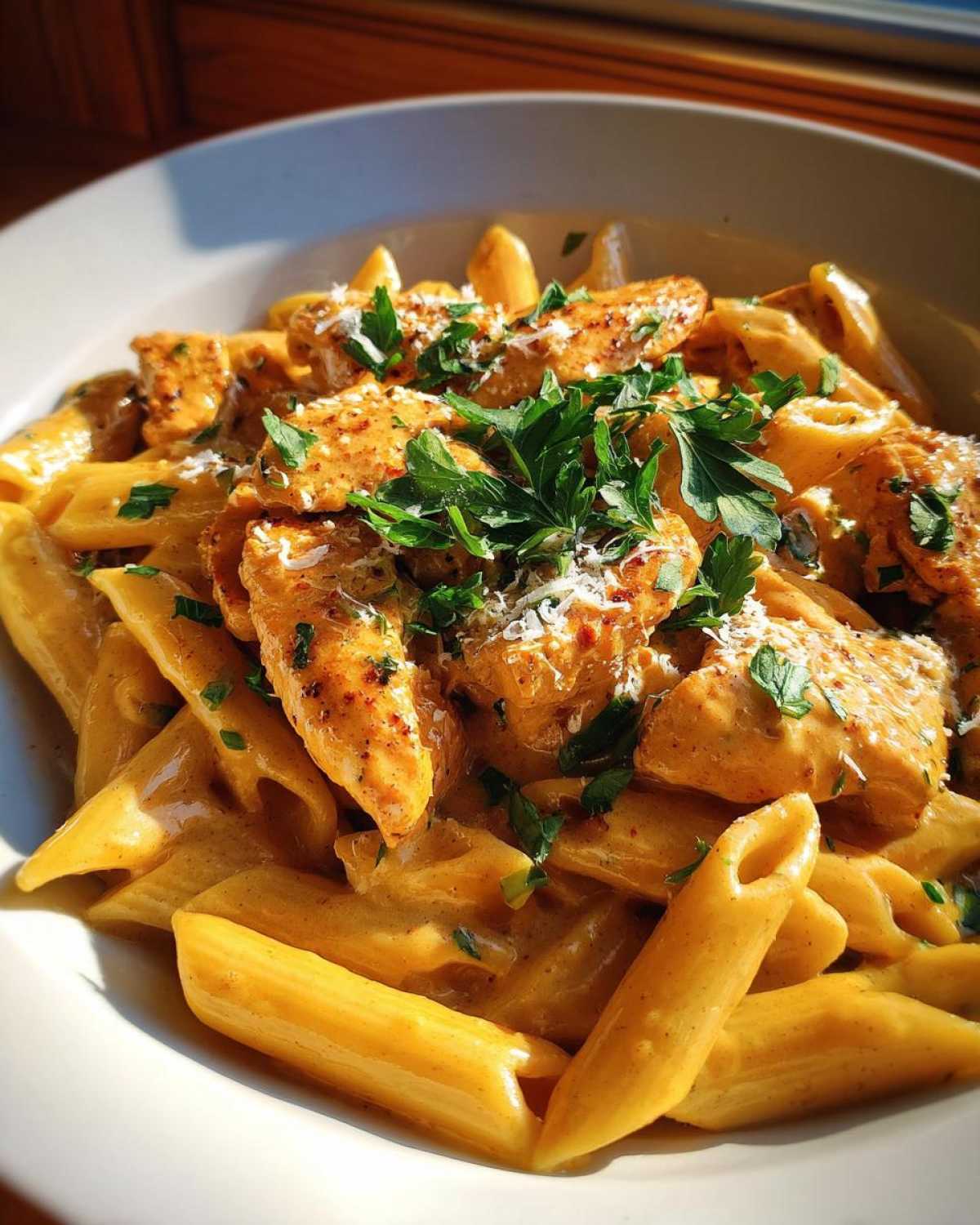 A close-up of creamy Cajun ranch chicken pasta, topped with chopped parsley and grated cheese.