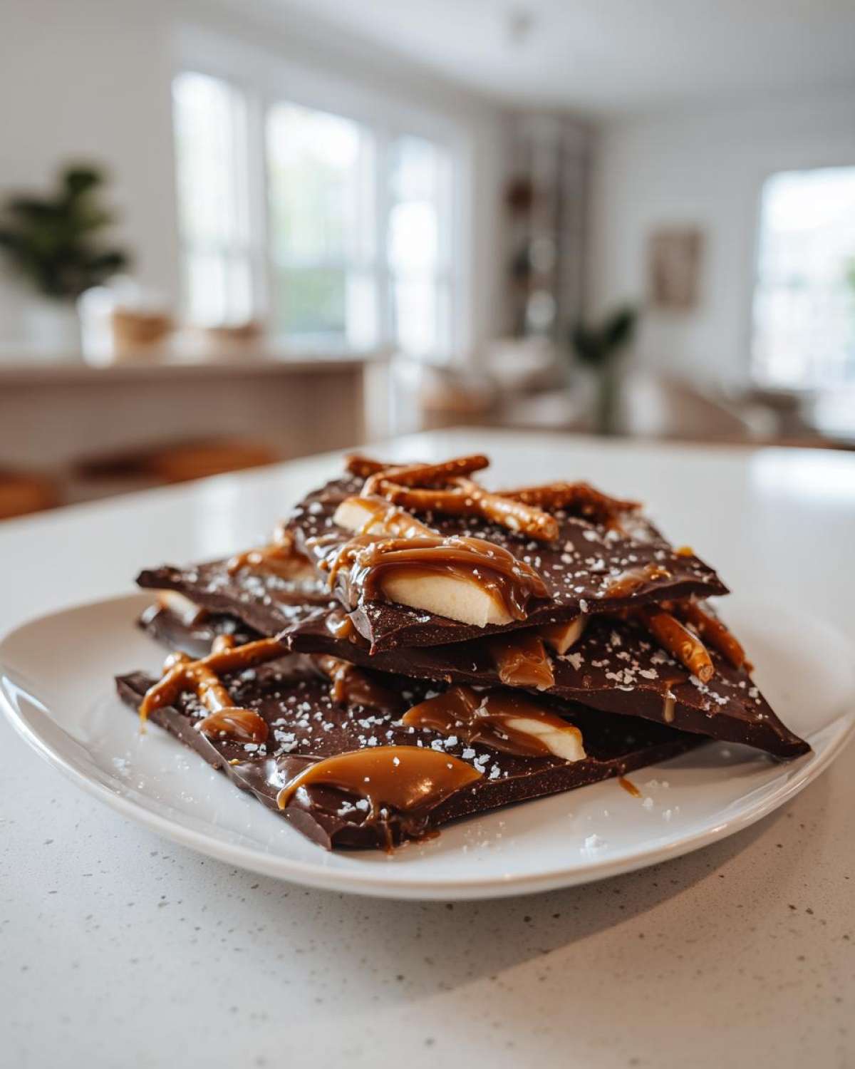A stack of dark chocolate caramel apple bark pieces topped with caramel drizzle, pretzels, and sea salt.