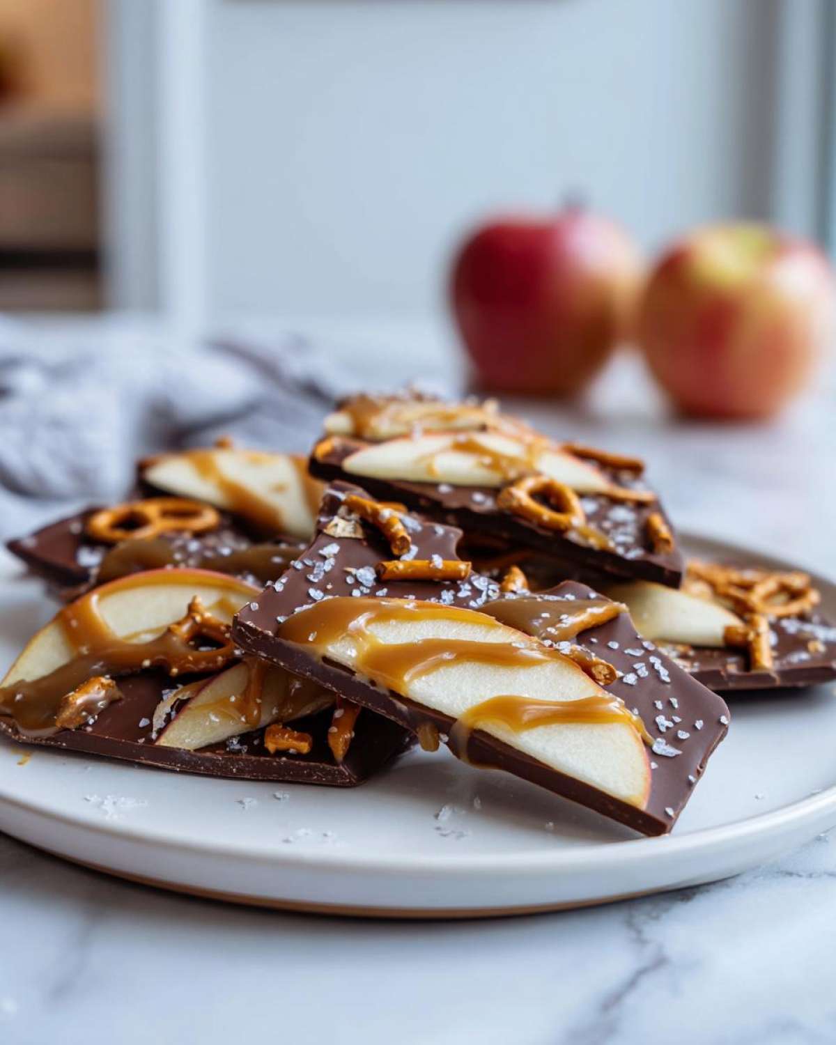 Close-up of stacked Caramel Apple Bark pieces, featuring dark chocolate, apple slices, pretzels, and drizzled caramel.