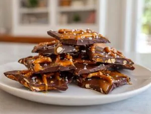 A stack of delicious caramel apple bark pieces, featuring dark chocolate, caramel drizzle, pretzels, and sea salt.
