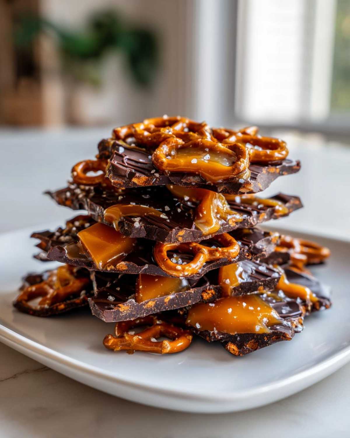 A tall stack of dark chocolate Caramel Apple Bark pieces, topped with pretzels and sea salt.