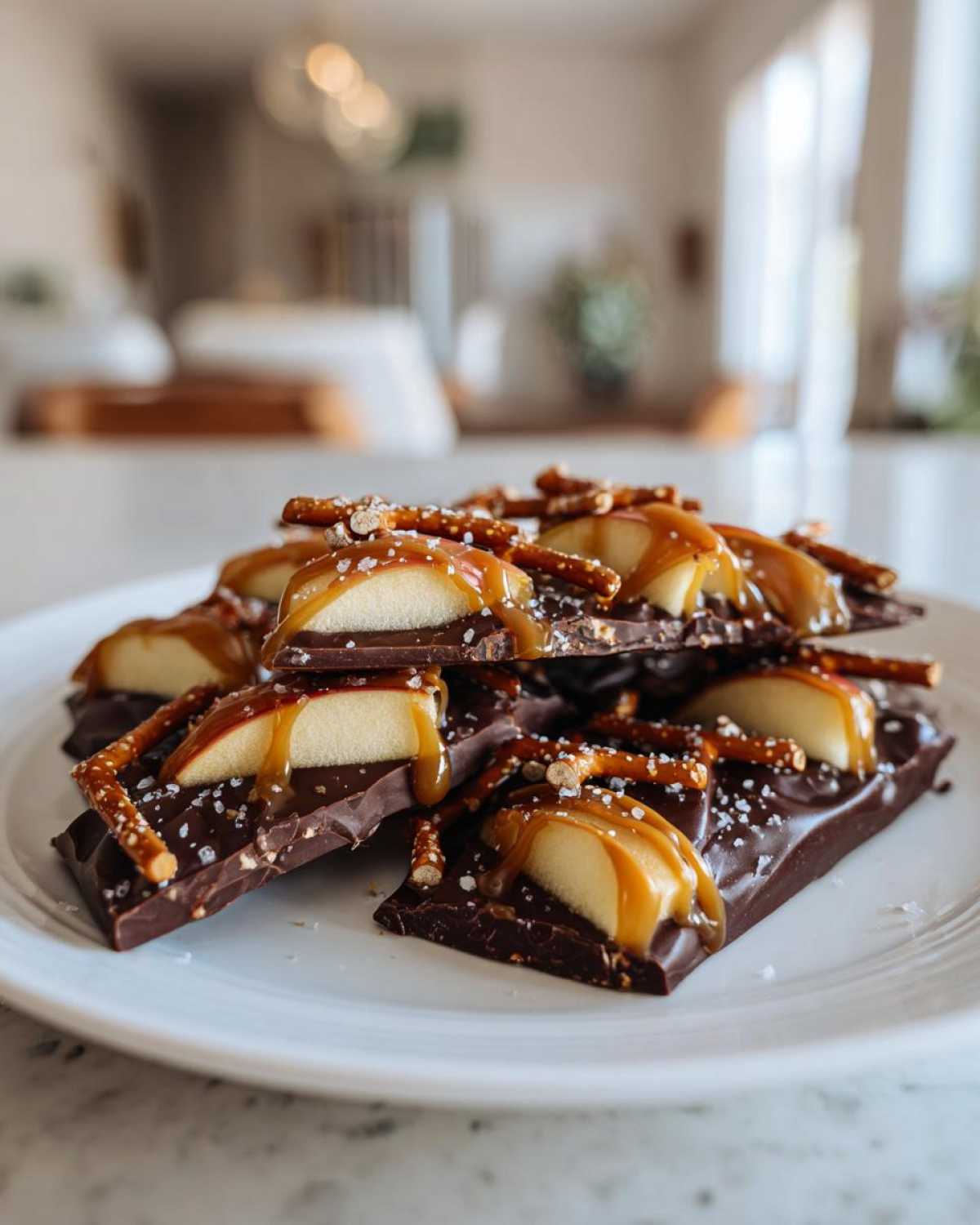 Close-up of stacked caramel apple bark pieces topped with apple slices, caramel drizzle, pretzels, and sea salt.