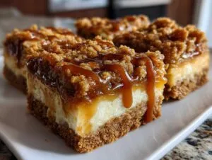 Close-up of delicious caramel apple cheesecake bars drizzled with caramel sauce.