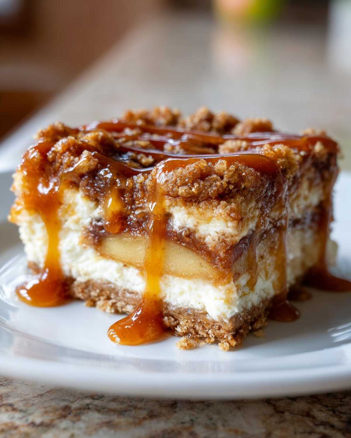 A close-up of a slice of caramel apple cheesecake bars, drizzled with caramel sauce.