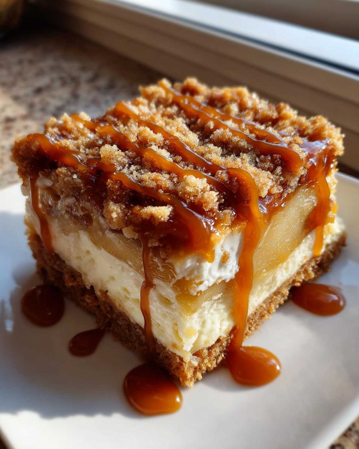 A decadent slice of caramel apple cheesecake bars, drizzled with caramel sauce and topped with crumble.