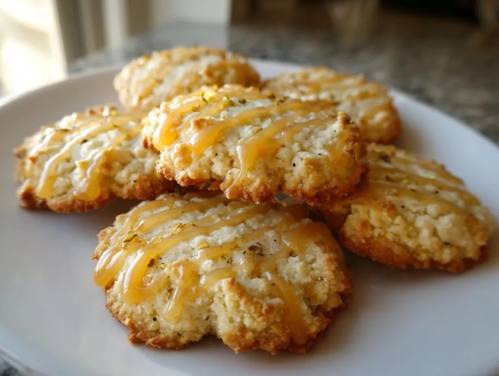 Close-up of cardamom shortbread cookies drizzled with caramel and sprinkled with green herbs.