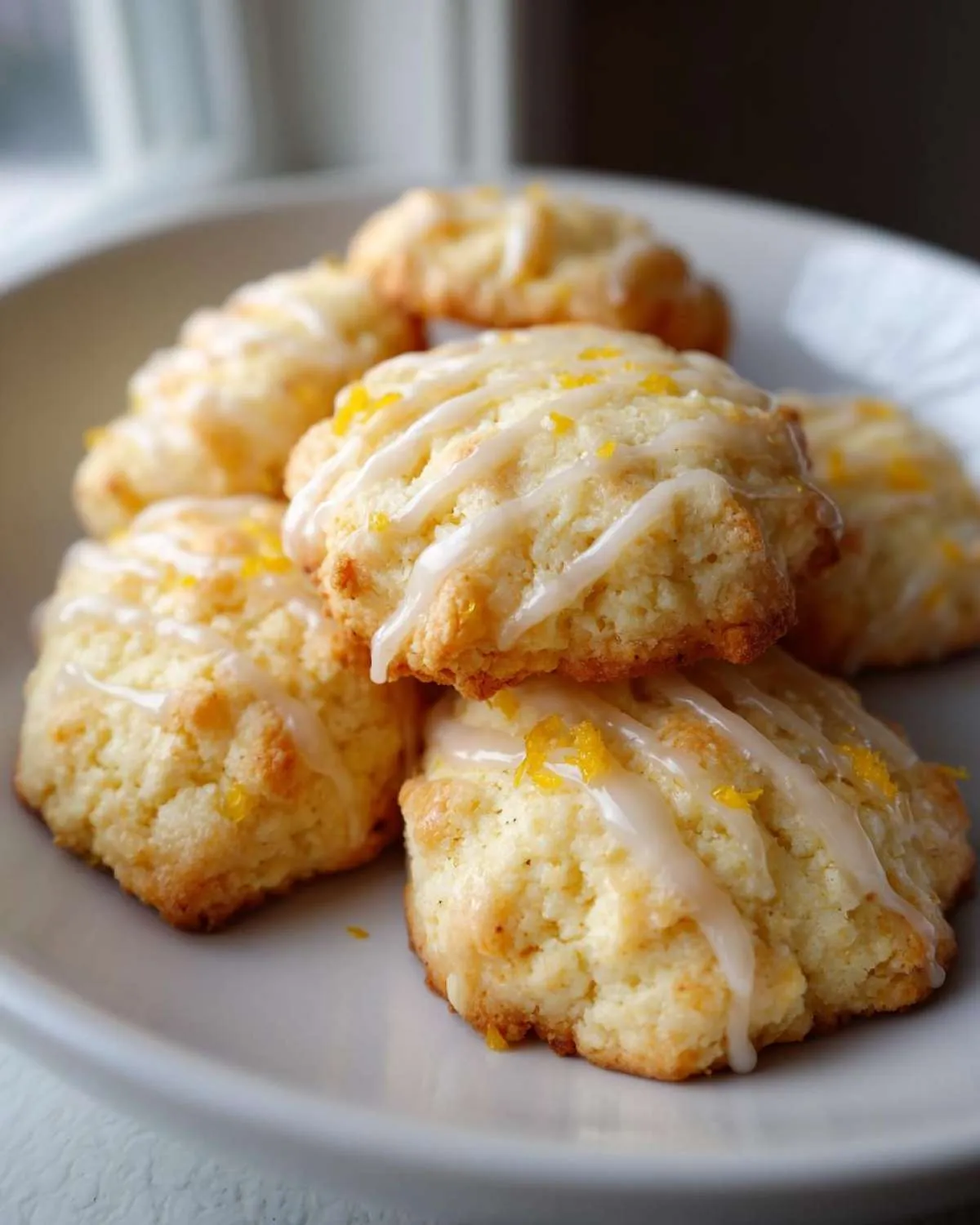 Close-up of cardamom shortbread cookies drizzled with white icing and sprinkled with orange zest.