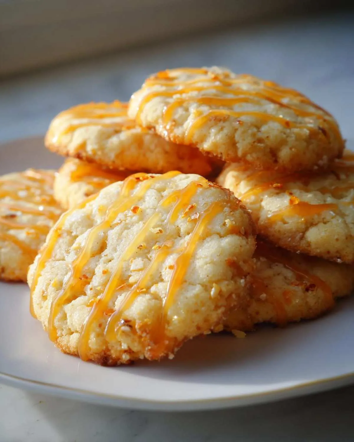 A stack of golden cardamom shortbread cookies drizzled with a shiny orange glaze and topped with citrus zest.