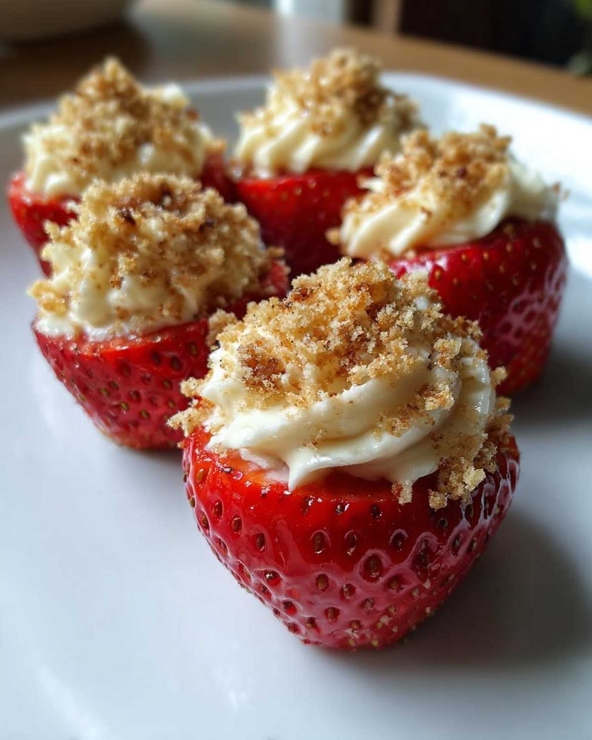 Four bright red cheesecake deviled strawberries filled with cream cheese and topped with graham cracker crumbs.