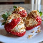 Three bright red cheesecake deviled strawberries filled with cream cheese mixture and topped with graham cracker crumbs.