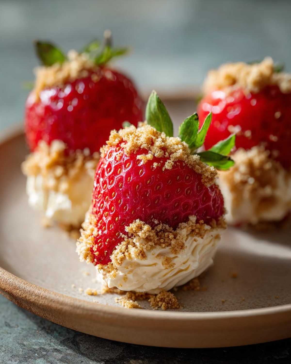 Three bright red cheesecake deviled strawberries filled with cream and topped with graham cracker crumbs.
