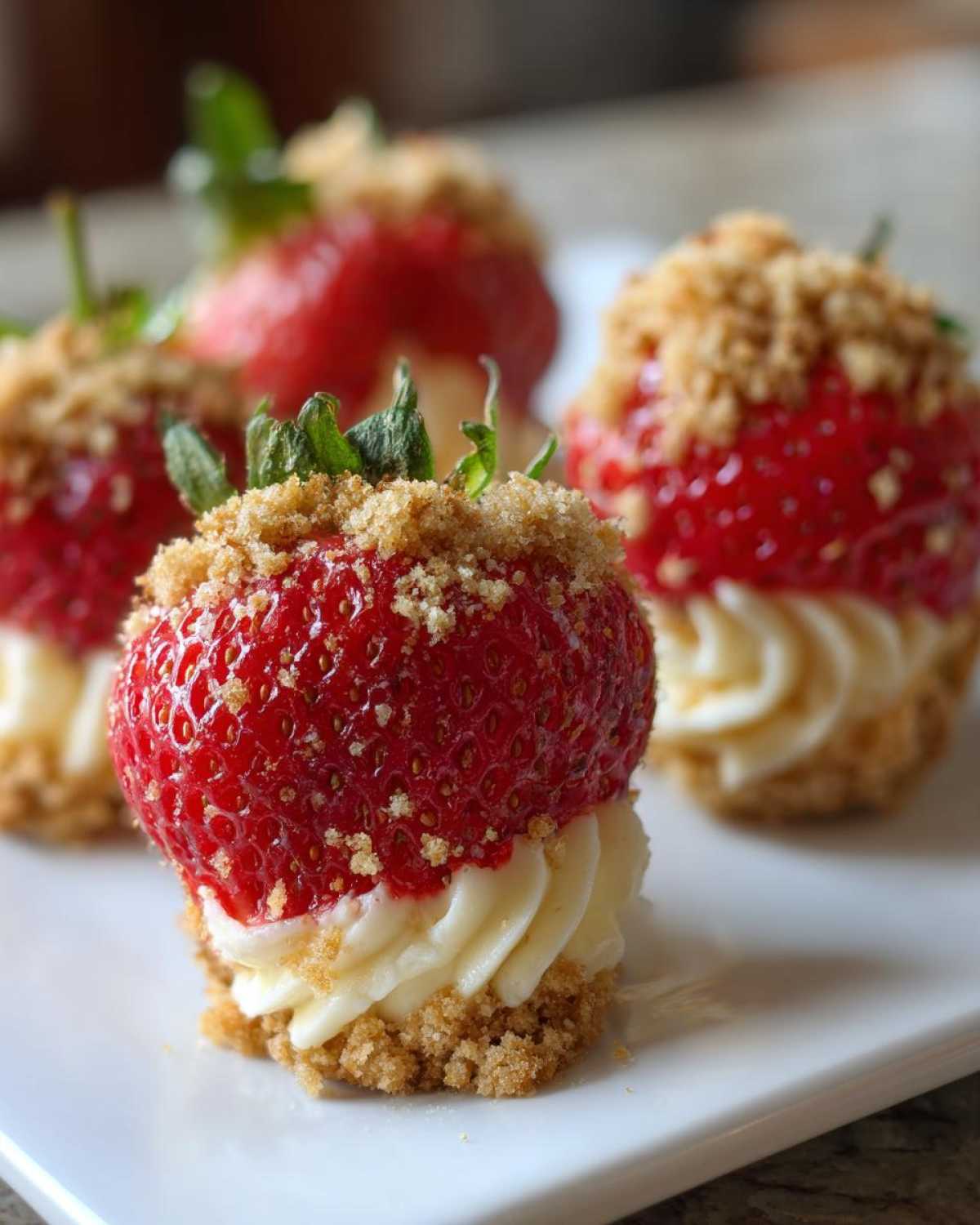 Four delicious cheesecake deviled strawberries filled with cream and topped with graham cracker crumbs.