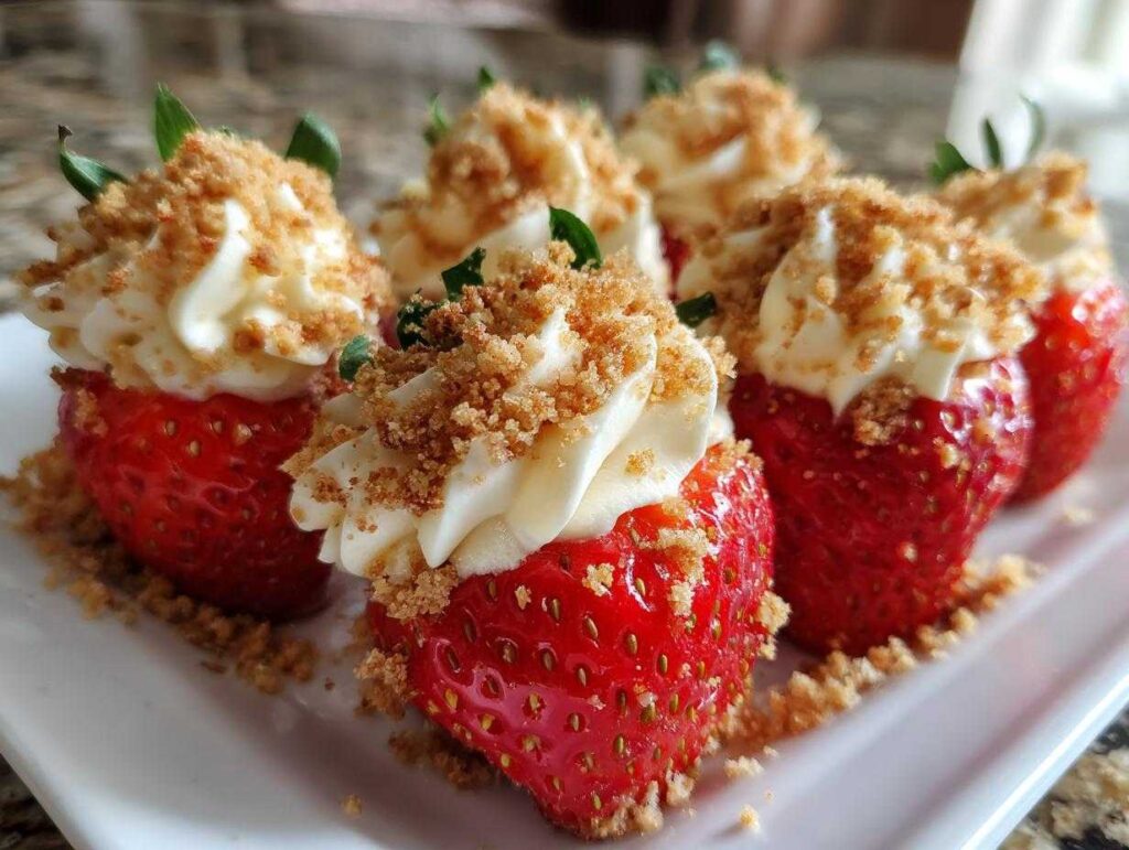 Close-up of several cheesecake deviled strawberries topped with cream and graham cracker crumbs.