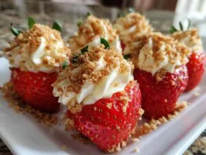 Close-up of several cheesecake deviled strawberries topped with cream and graham cracker crumbs.