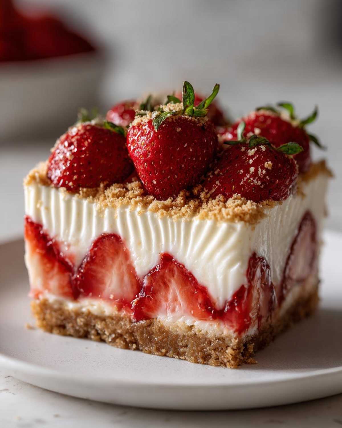 Close-up of a square slice of cheesecake deviled strawberries dessert with a graham cracker crust and fresh berries on top.