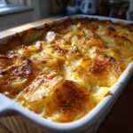 Close-up of a white baking dish filled with golden-brown, cheesy au gratin potatoes.