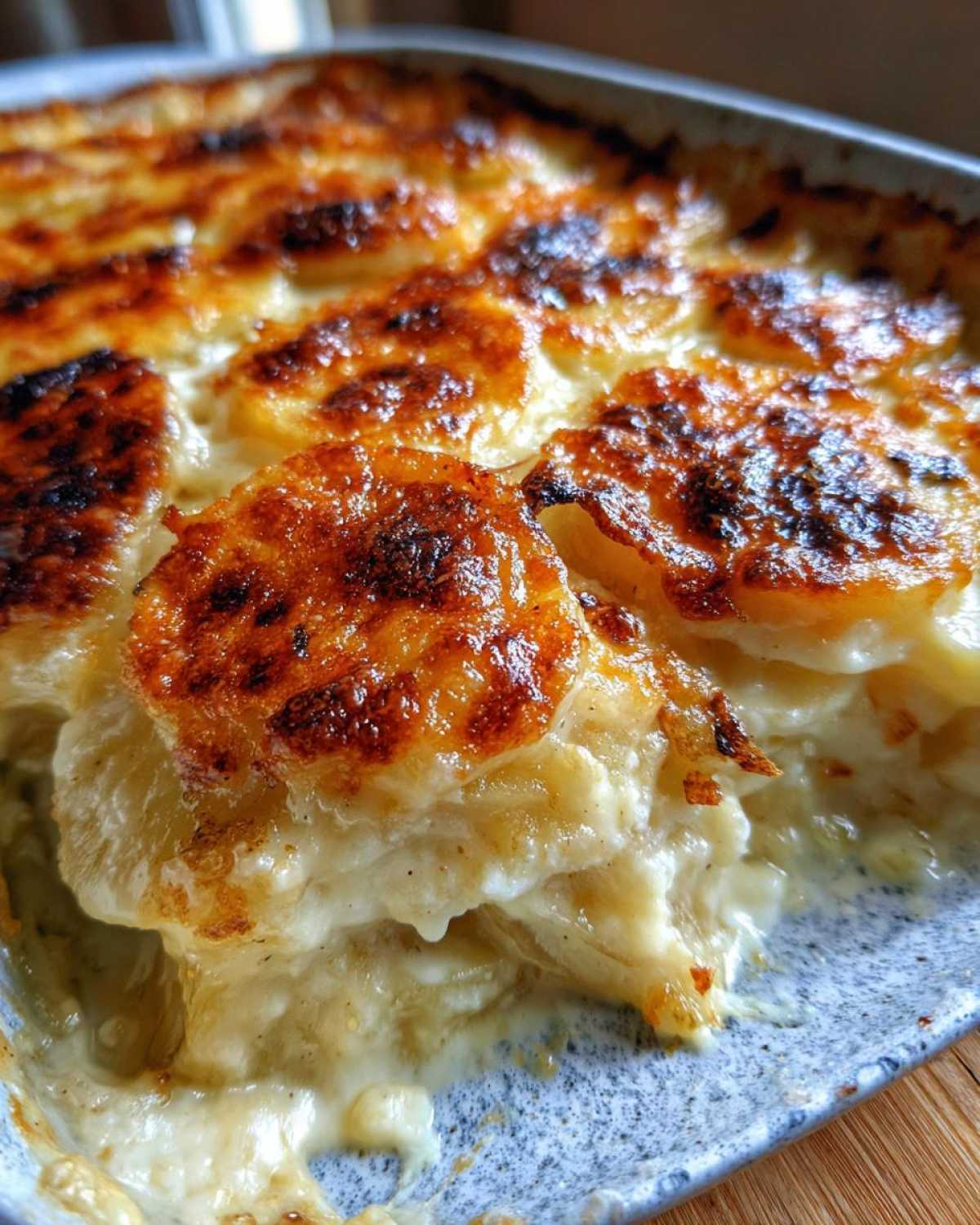 Close-up of creamy cheesy au gratin potatoes baked to golden perfection in a dish.