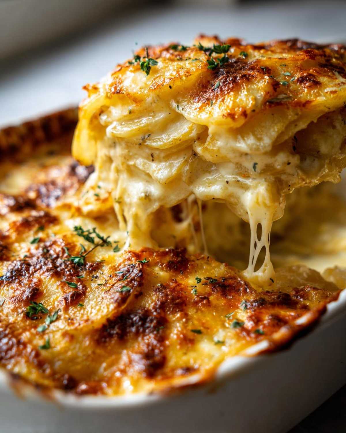 A serving spoon lifting a portion of ultra-creamy cheesy au gratin potatoes, showing melted cheese strings.