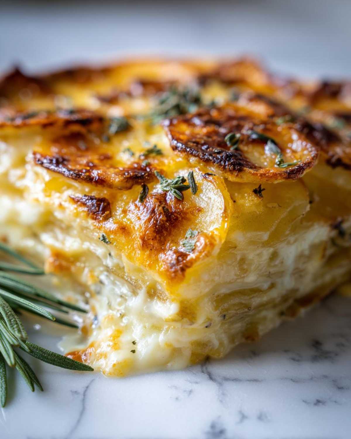 A delicious slice of cheesy au gratin potatoes, showing layers of thinly sliced potatoes baked in cream and cheese, topped with herbs.