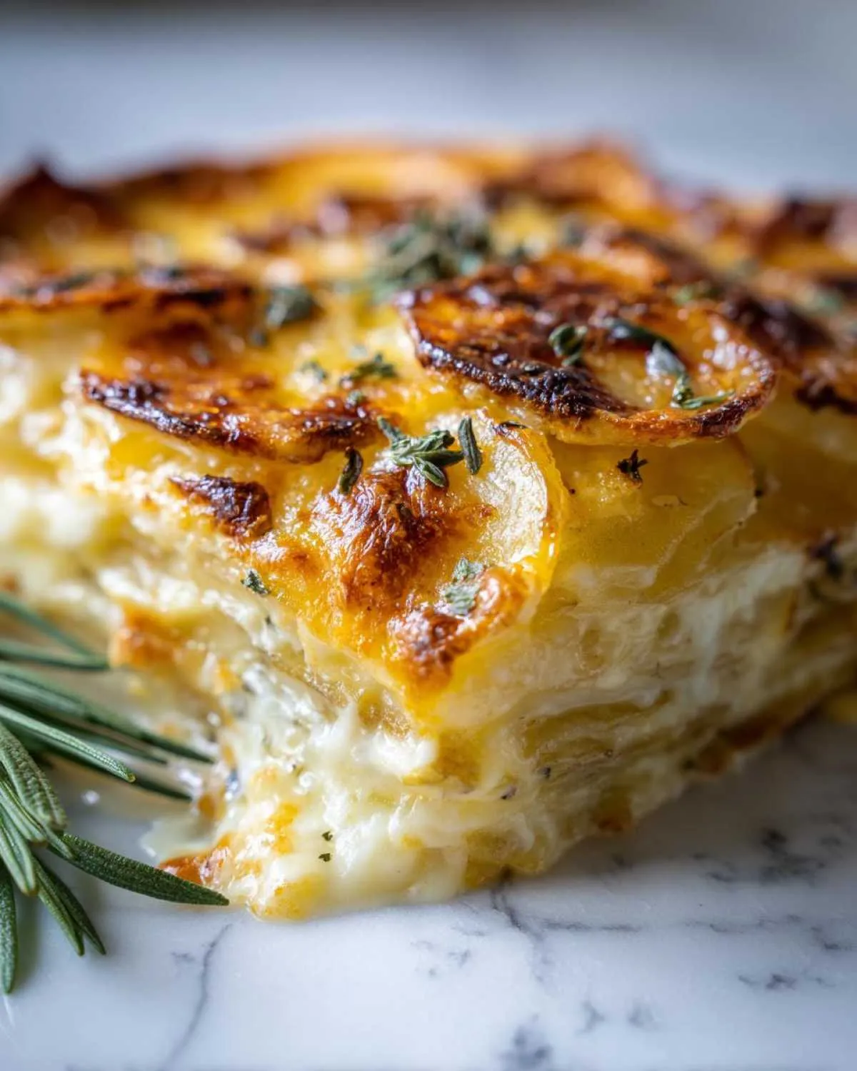 A delicious slice of cheesy au gratin potatoes, showing layers of thinly sliced potatoes baked in cream and cheese, topped with herbs.