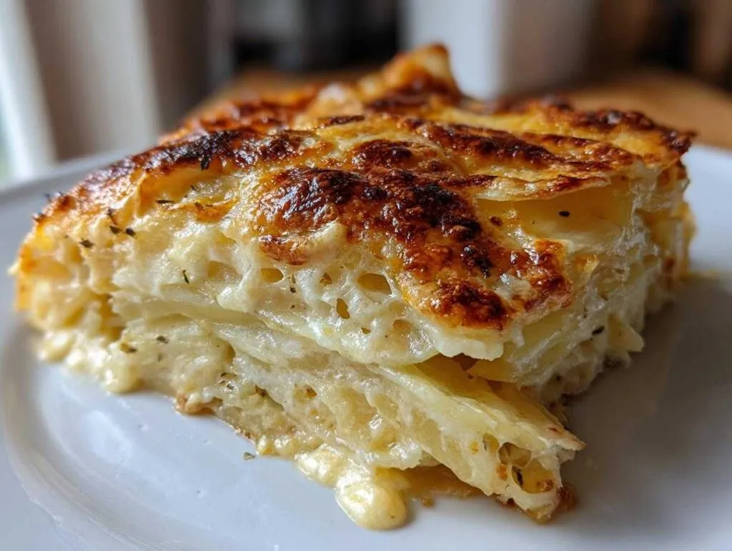 A close-up of a generous slice of cheesy au gratin potatoes, with golden-brown cheesy crust and creamy potato layers.