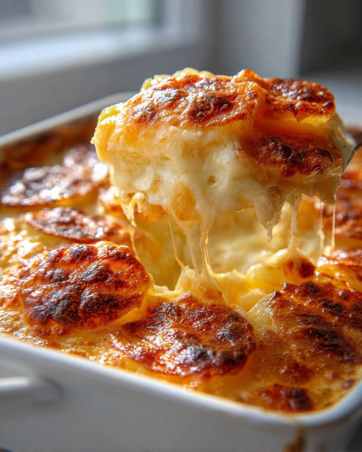 A spoonful of ultra-creamy cheesy au gratin potatoes, with melted cheese stretching from the dish.