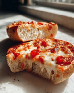 Close-up of a cheesy english muffin pizza half showing a dramatic cheese pull and melted toppings.