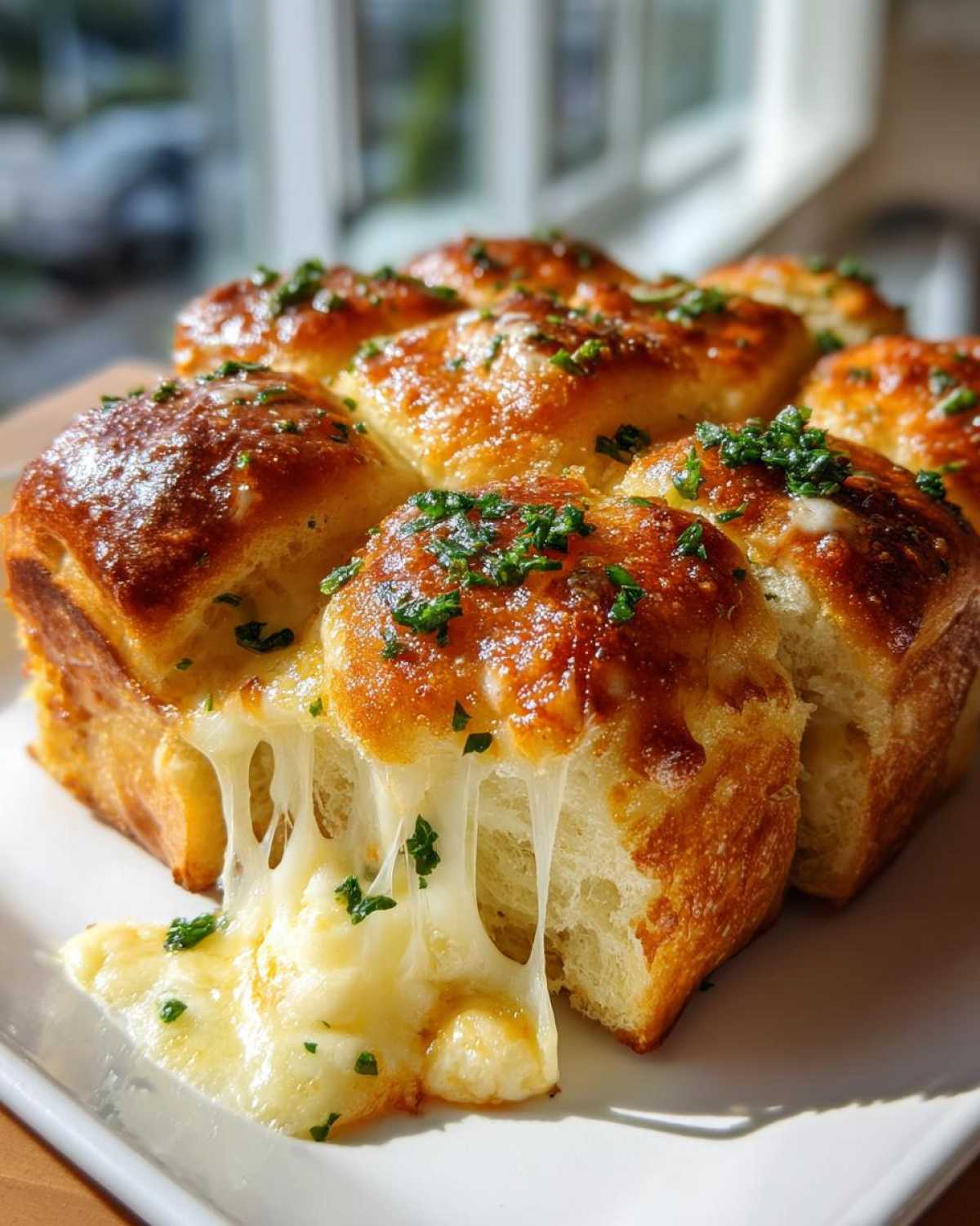 Close-up of ultra-soft cheesy garlic rolls with gooey melted cheese stretching out.