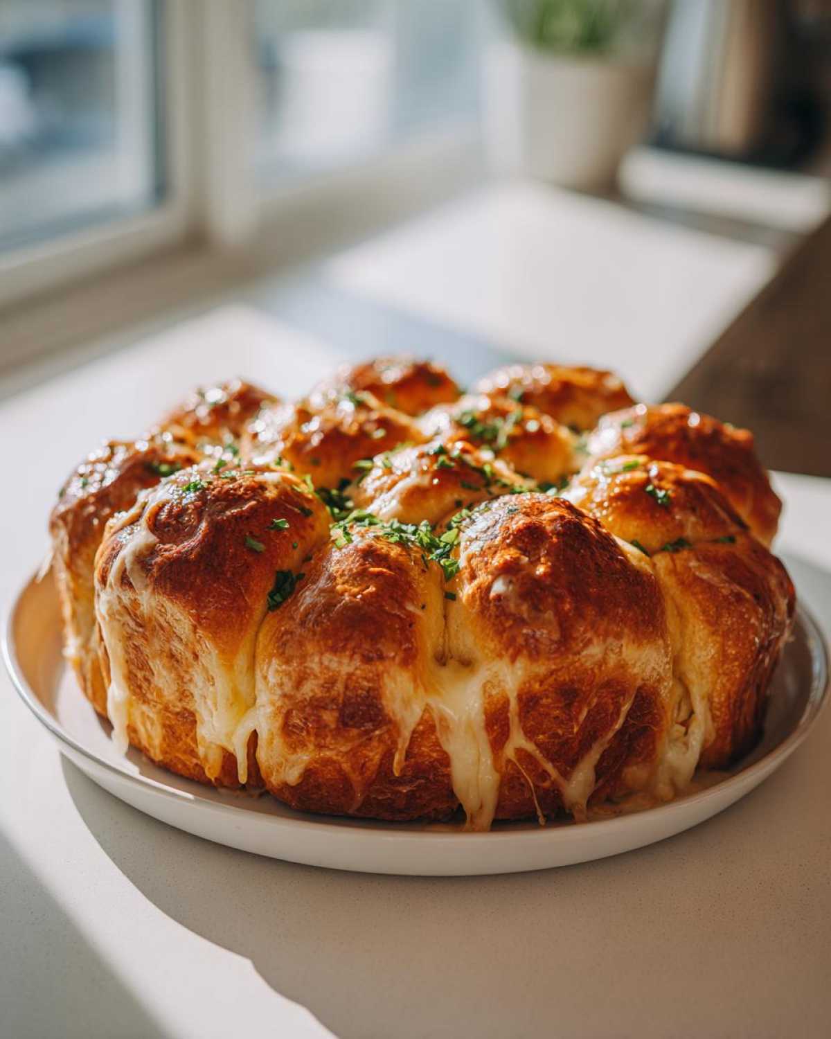 A round arrangement of golden-brown, ultra-soft cheesy garlic rolls, with melted cheese oozing out.