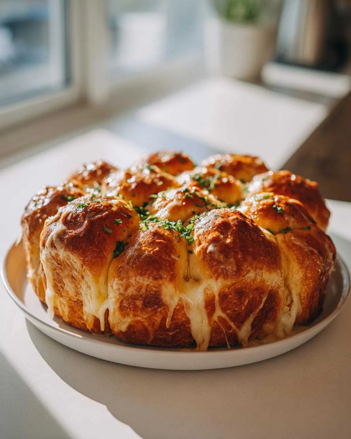 A round arrangement of golden-brown, ultra-soft cheesy garlic rolls, with melted cheese oozing out.