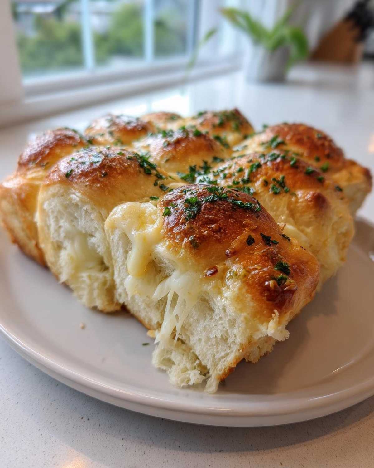 Close-up of ultra-soft cheesy garlic rolls, with melted cheese oozing out and sprinkled with fresh parsley.