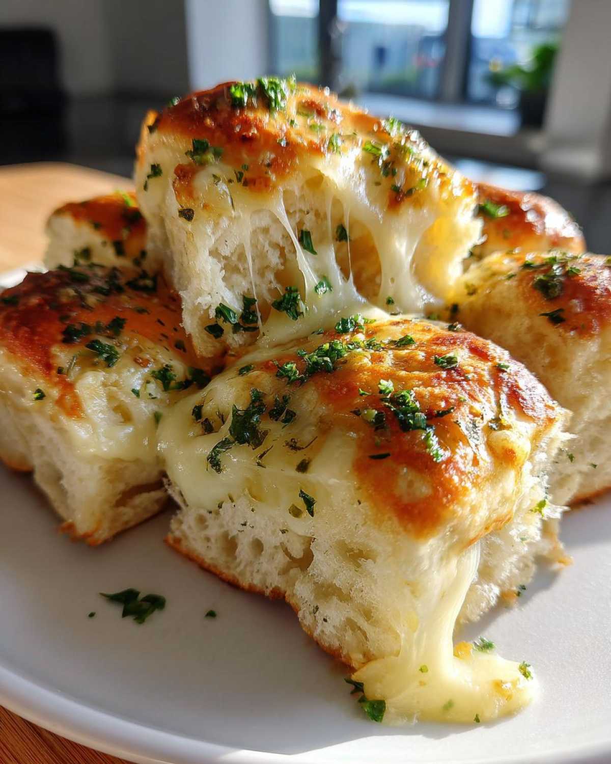Close-up of ultra-soft cheesy garlic rolls with melted mozzarella cheese stretching out, topped with fresh parsley.