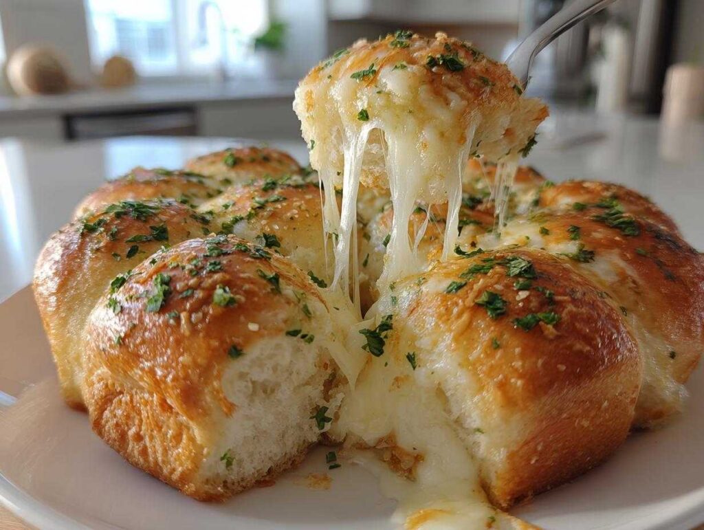 A fork pulls apart an ultra-soft cheesy garlic roll, revealing gooey melted cheese and fresh parsley.