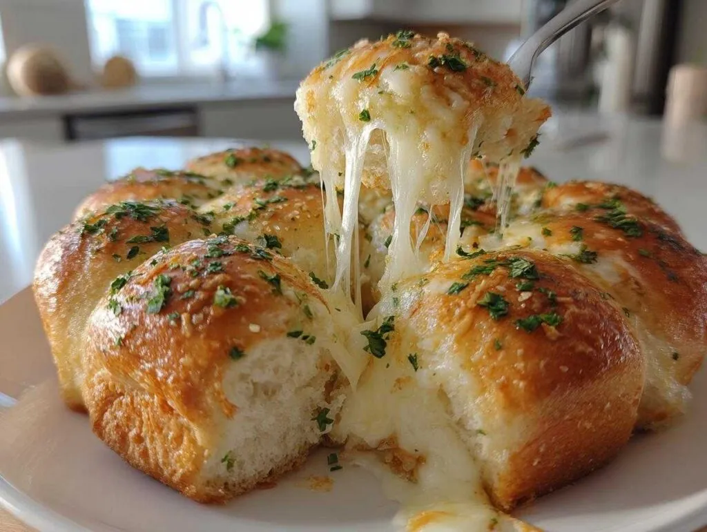 A fork pulls apart an ultra-soft cheesy garlic roll, revealing gooey melted cheese and fresh parsley.