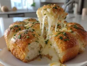 A fork pulls apart an ultra-soft cheesy garlic roll, revealing gooey melted cheese and fresh parsley.