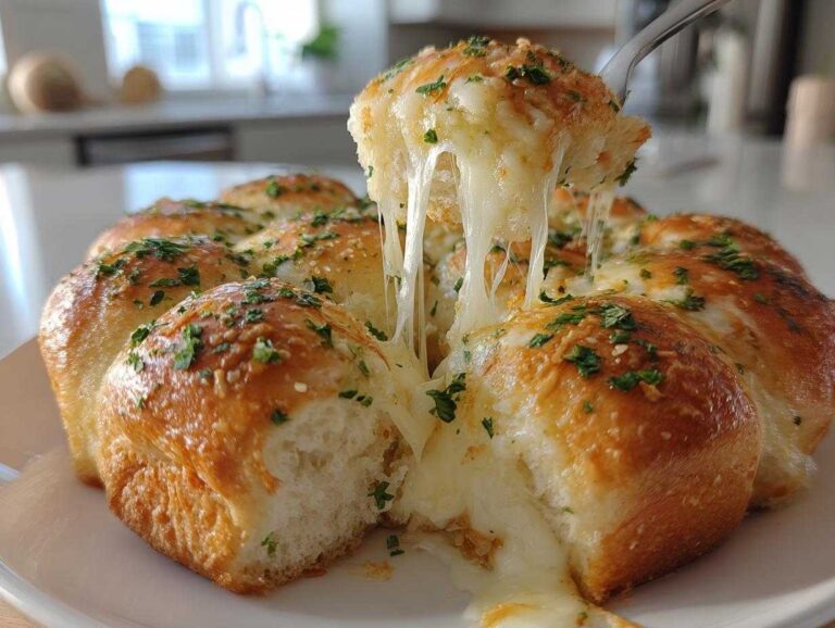 A fork pulls apart an ultra-soft cheesy garlic roll, revealing gooey melted cheese and fresh parsley.