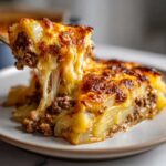 A slice of cheesy ground beef and potato casserole being lifted, showing melted cheese strings.