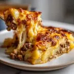 A slice of cheesy ground beef and potato casserole being lifted, showing melted cheese strings.