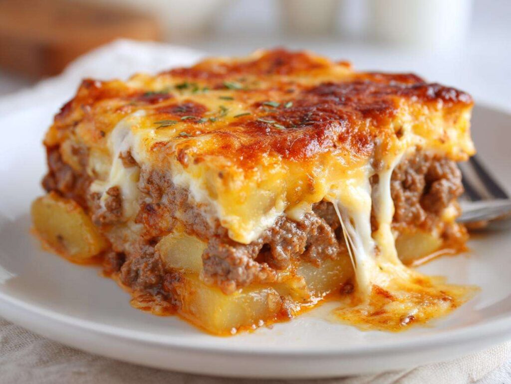 A delicious slice of cheesy ground beef and potato casserole with melted cheese oozing out.