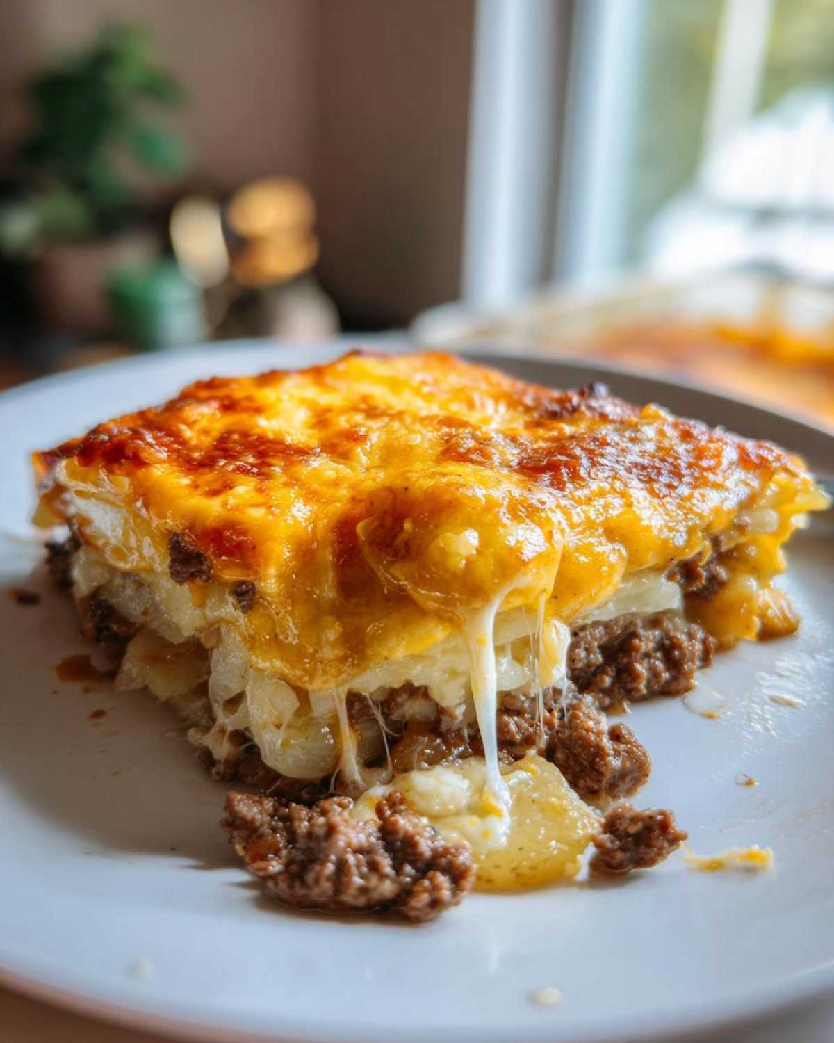 A delicious slice of cheesy ground beef and potato casserole with melted cheese strings.