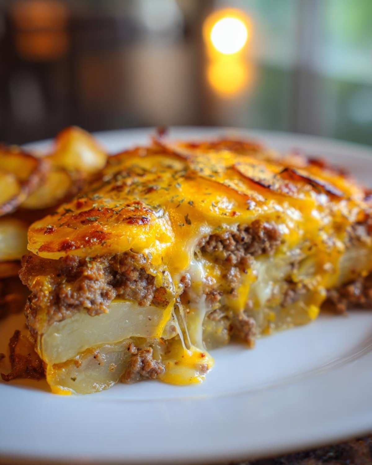 A close-up of a slice of cheesy ground beef and potato casserole, with melted cheese dripping.