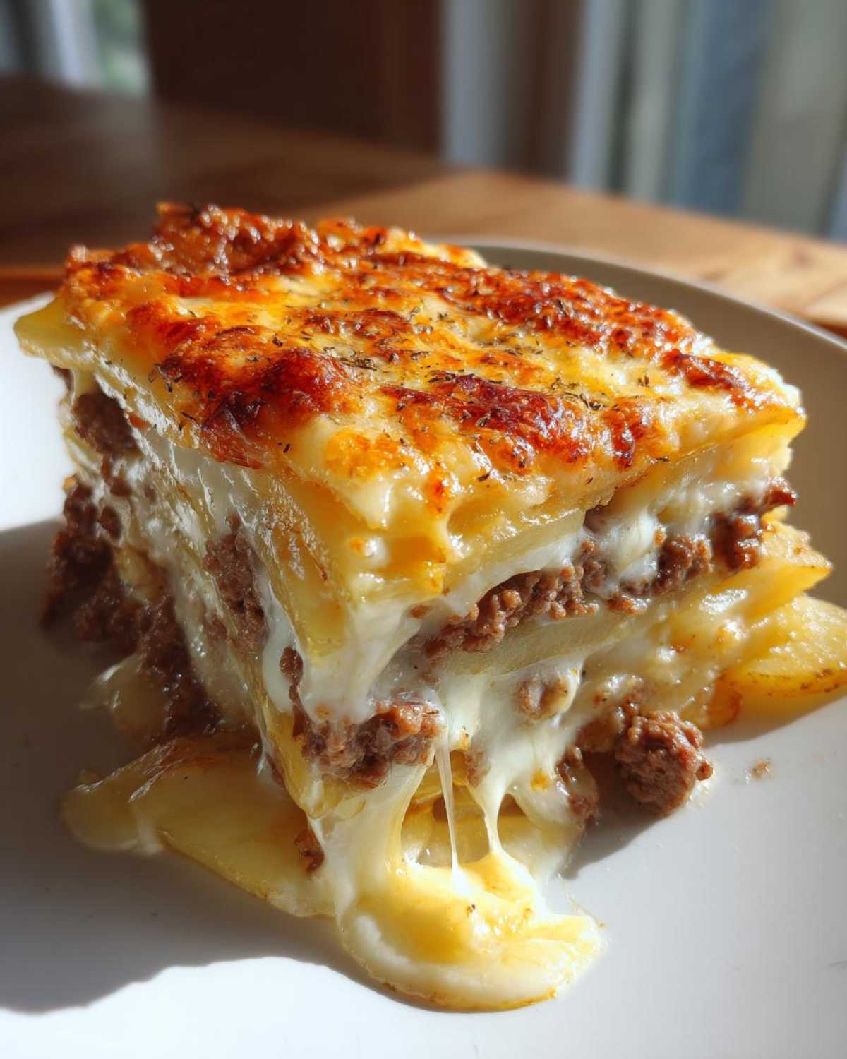 A generous slice of cheesy ground beef and potato casserole, with melted cheese oozing out.
