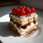 A decadent slice of Cherry Amaretto Tiramisu, layered with ladyfingers, cream, cherries, and topped with fresh cherries and cocoa powder.