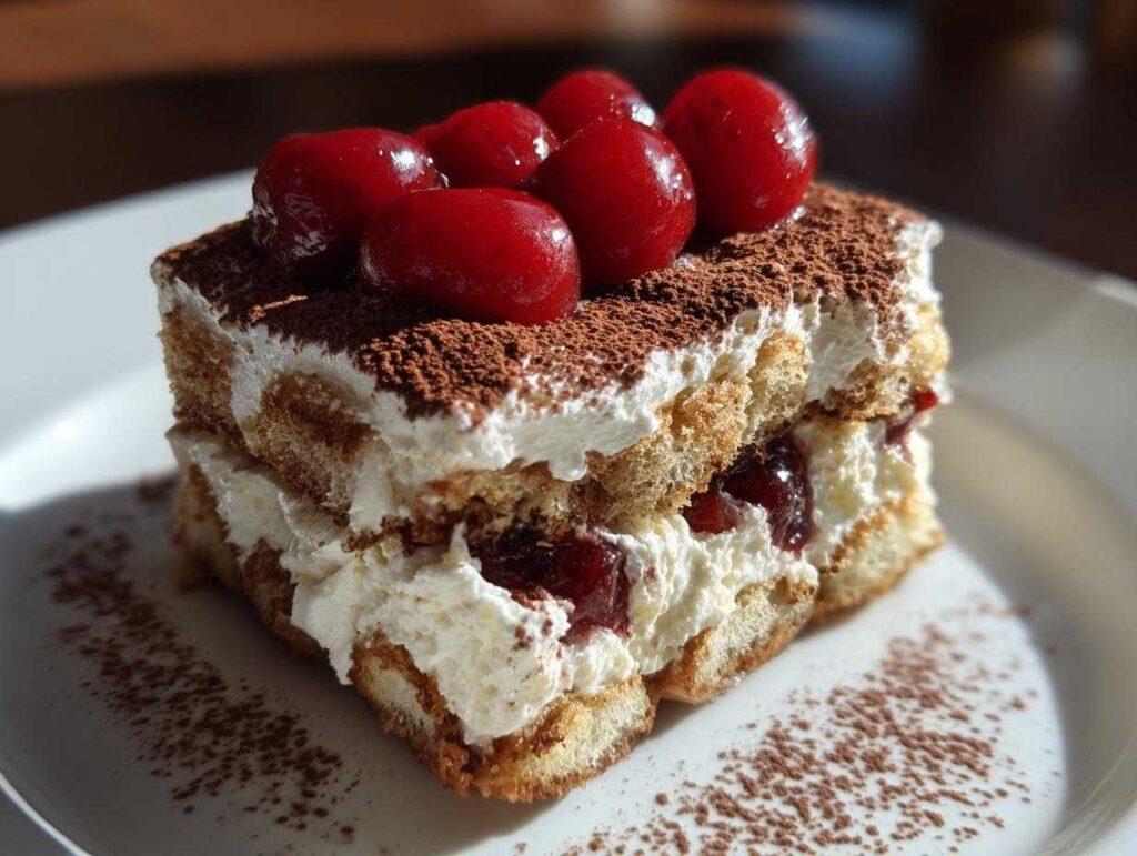 A decadent slice of cherry amaretto tiramisu, topped with fresh cherries and dusted with cocoa powder.