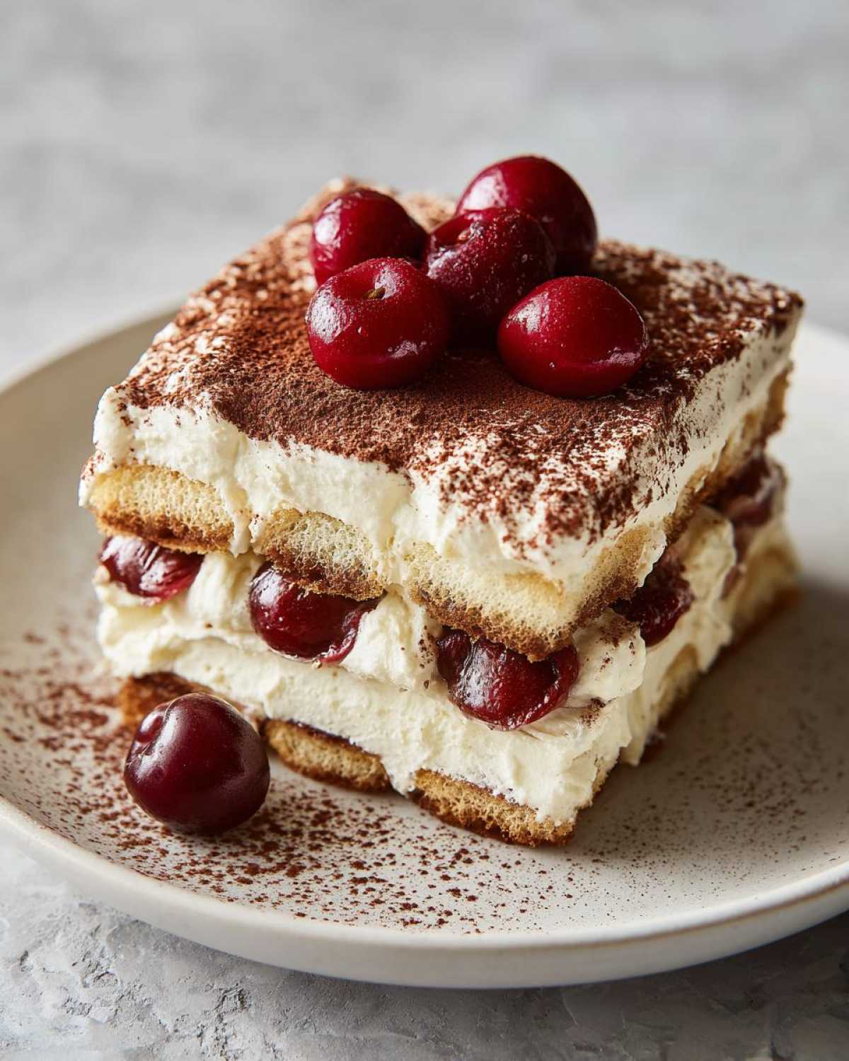 A decadent slice of cherry amaretto tiramisu, layered with ladyfingers, cream, and cherries, topped with cocoa powder and fresh cherries.