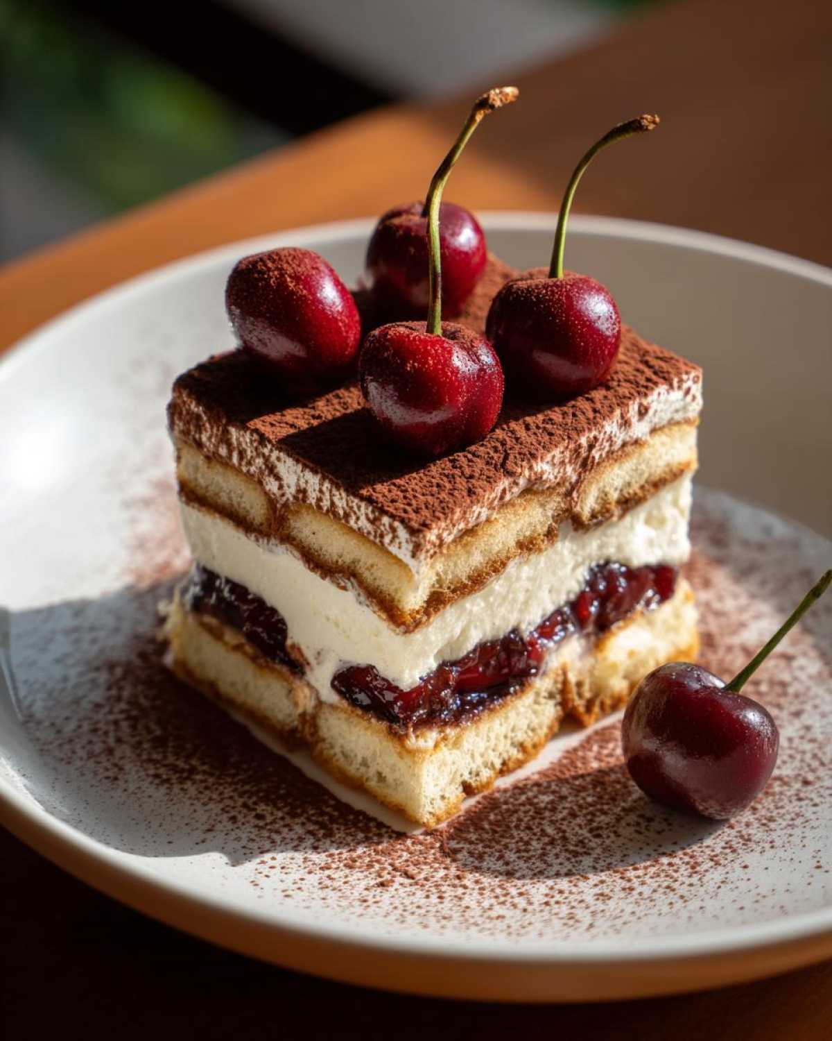 A decadent slice of Cherry Amaretto Tiramisu topped with fresh cherries and dusted with cocoa powder.