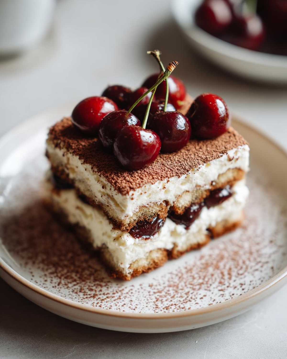 A decadent slice of cherry amaretto tiramisu topped with fresh cherries and dusted with cocoa powder.