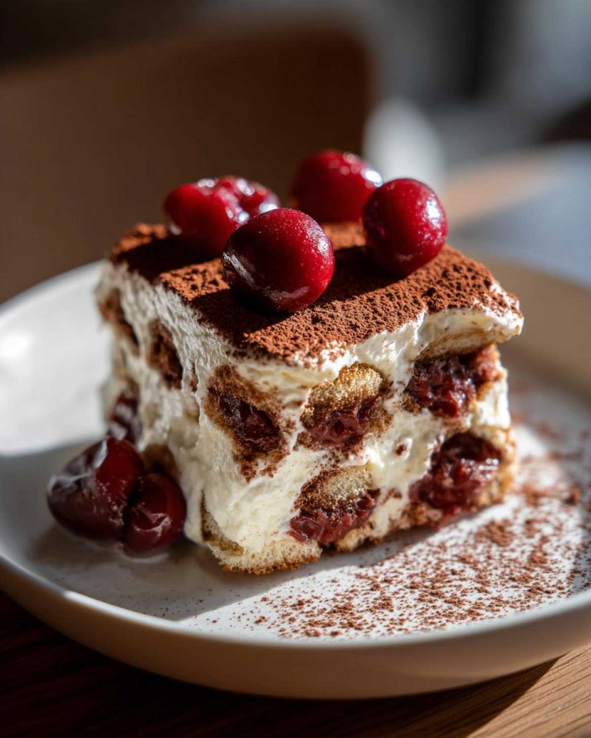 A decadent slice of cherry amaretto tiramisu topped with fresh cherries and dusted with cocoa powder.