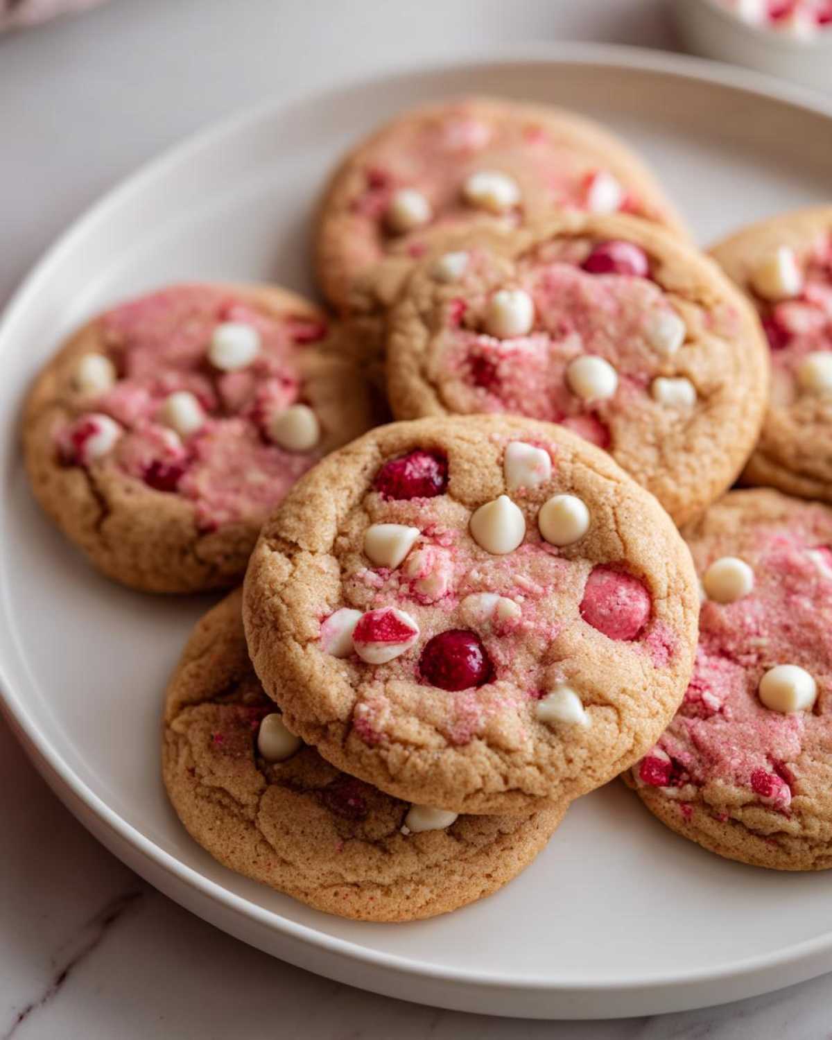 A close-up of soft cherry chip cookies with white chocolate chips and pink cherry pieces on a white plate.